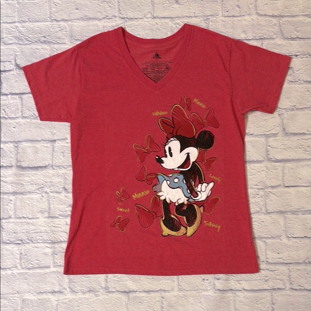 Disney Minnie Mouse Graphic Tee Shirt Short Sleeve Pink Red V Neck Size XL